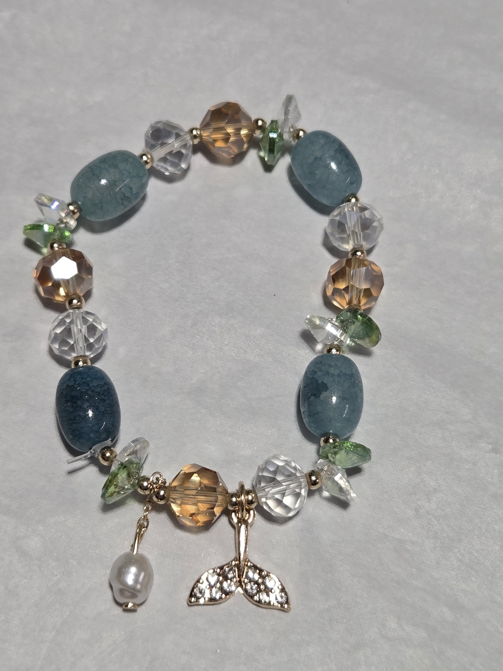10mm- Blue Beaded Women's Bracelet with Gold and Green Accents- For 1